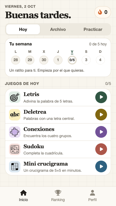 Inicio de Letris con el progreso semanal y los juegos diarios